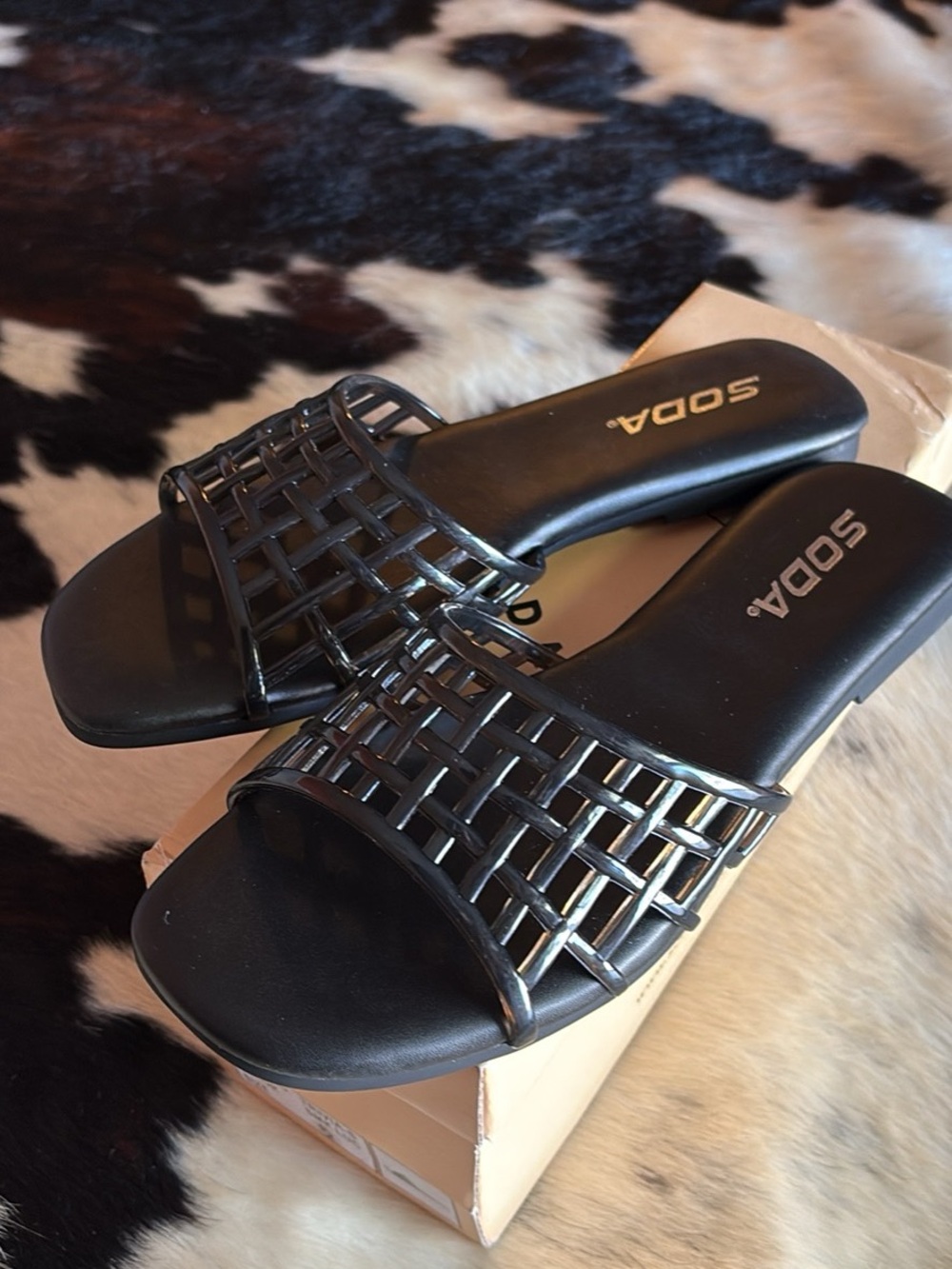 Soda Black Woven Slide Mules for Women